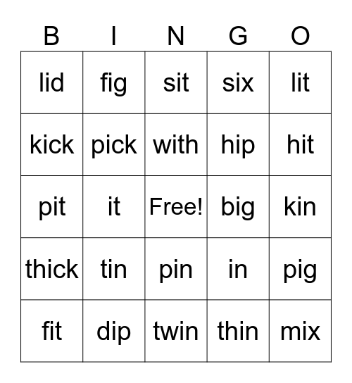 i word families Bingo Card