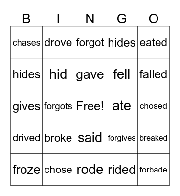 Irregular verbs Bingo Card