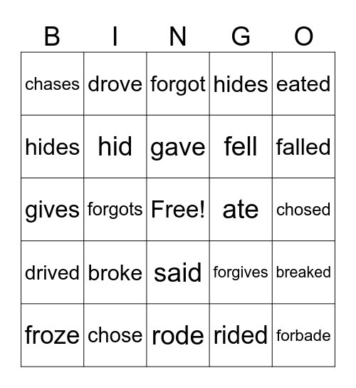 Irregular verbs Bingo Card