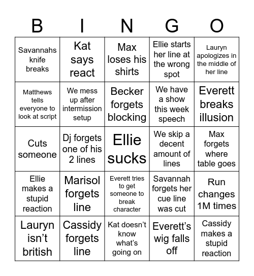 Rehearsal Bingo Card