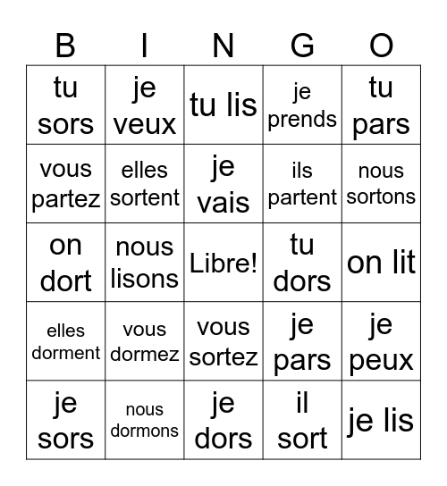 Sortir, dormir, lire, partir Bingo Card