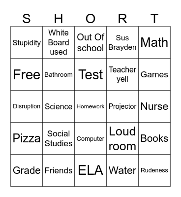 School Bingo Card