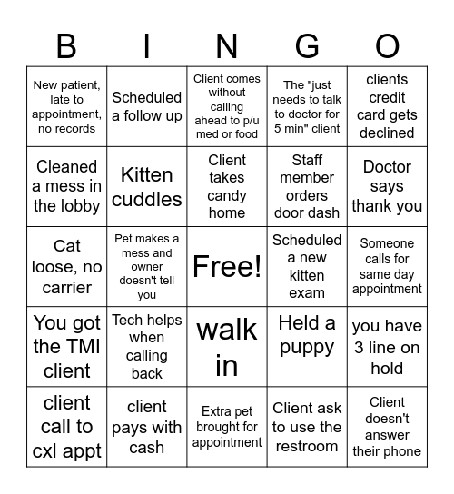 Veterinary Receptionist Bingo Card