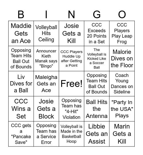 CCC Volleyball 10.17.2024 Bingo Card