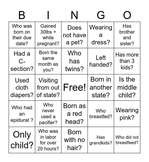 Baby Bingo Card