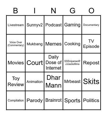 YouTube Long Form Content Bingo Card