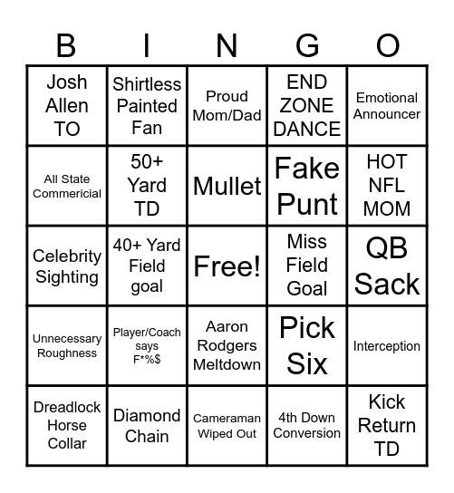 Tio's MNF FOOTBALL BINGO Card