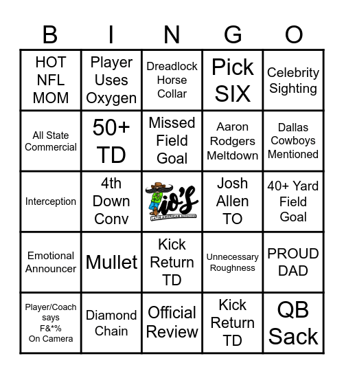 Tio's MNF Football Bingo Card