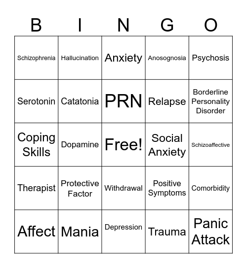 Mental Health Bingo Card