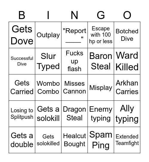 Ark League Bingo Card