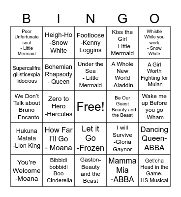 Disney Sing-a-long Bingo Card