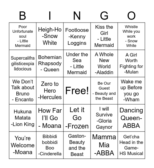 Disney Sing-a-long Bingo Card