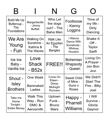 Sing-a-Long Songs Bingo Card