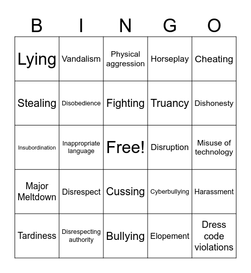 Bad Behavior Bingo Card