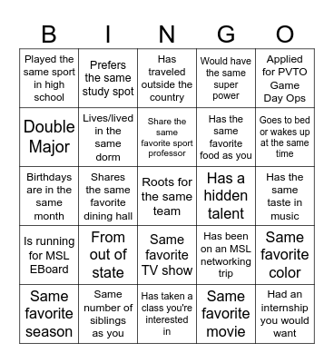 MSL Networking Bingo Card