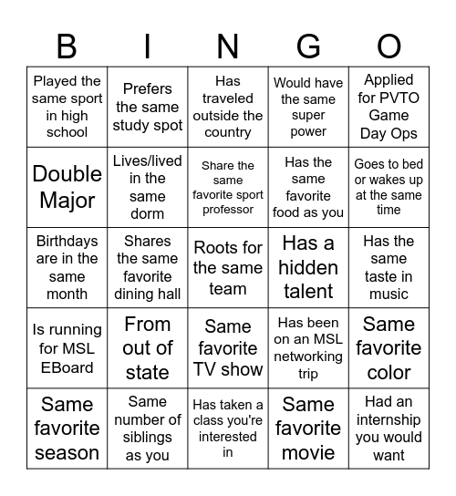 MSL Networking Bingo Card