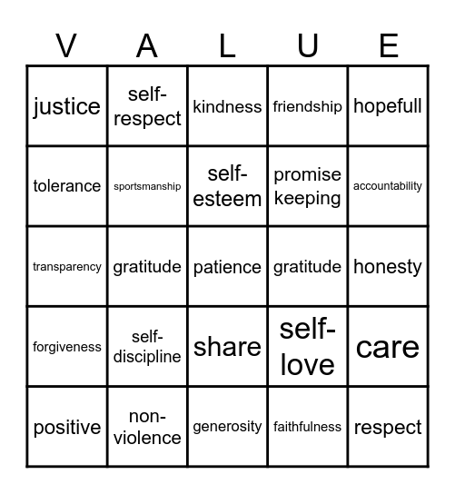 Human Values Bingo Card