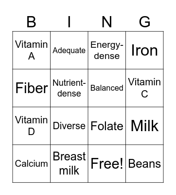 Nutrition Bingo! Bingo Card