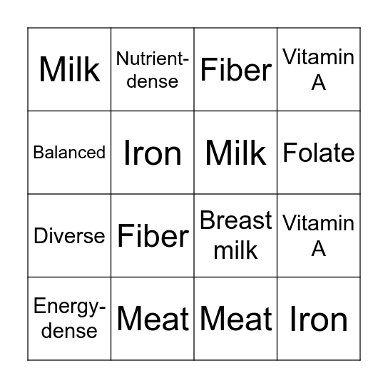 Nutrition Bingo! Bingo Card