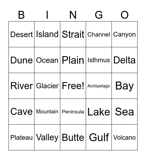 LANDFORMS Bingo Card