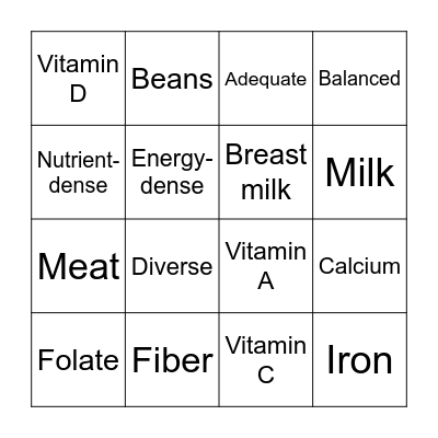 Nutrition Bingo! Bingo Card