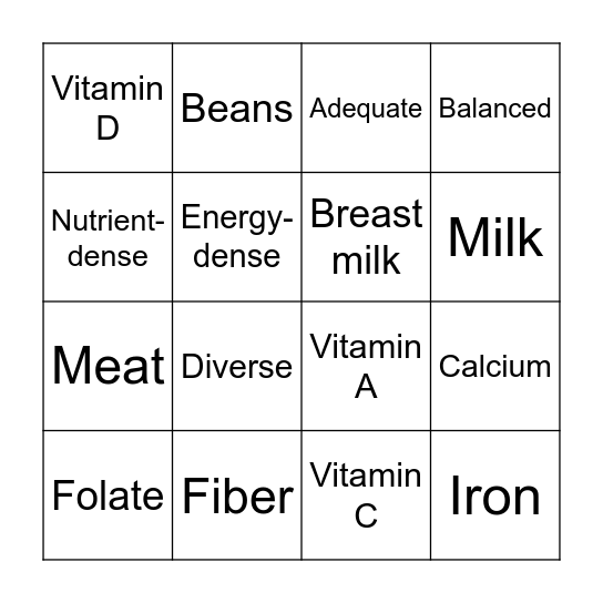 Nutrition Bingo! Bingo Card