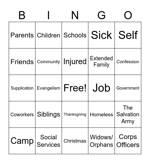 Prayer Bingo Card