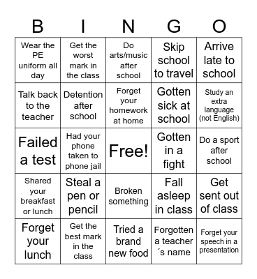 Things that happen at school Bingo Card