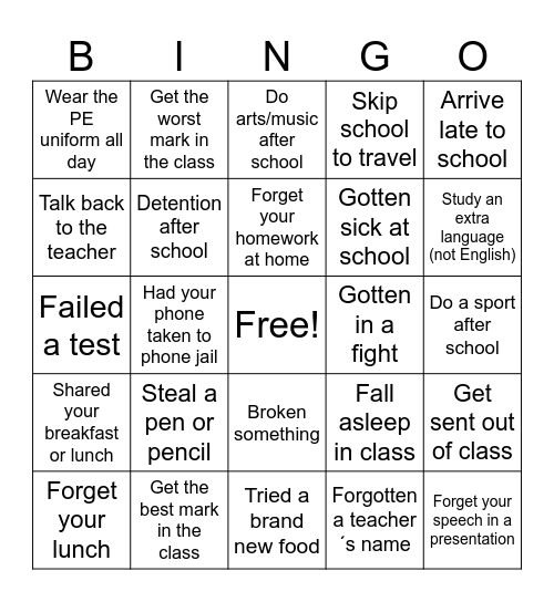 Things that happen at school Bingo Card