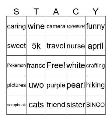 Stacy's Bridal Shower BINGO Card