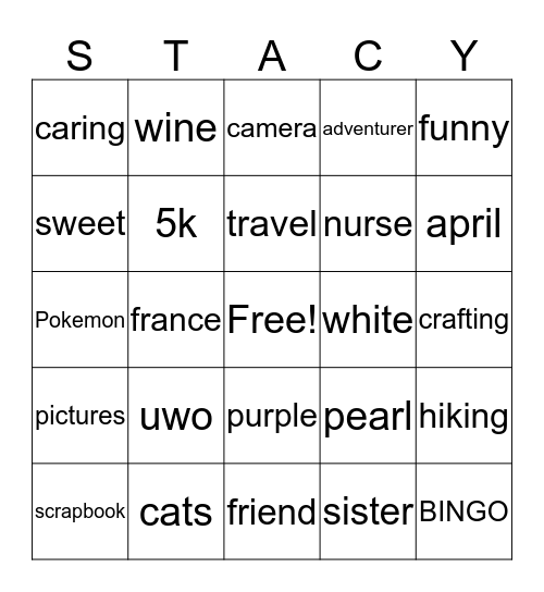 Stacy's Bridal Shower BINGO Card