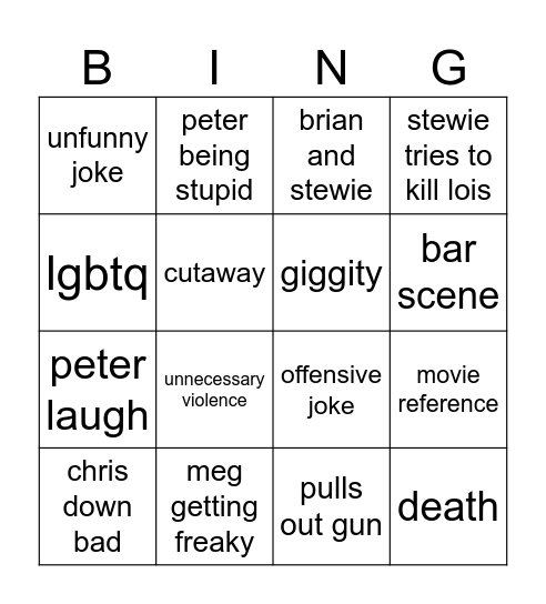 Family Guy bingo Card