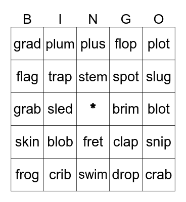 Beginning 2-Letter Blends Bingo Card