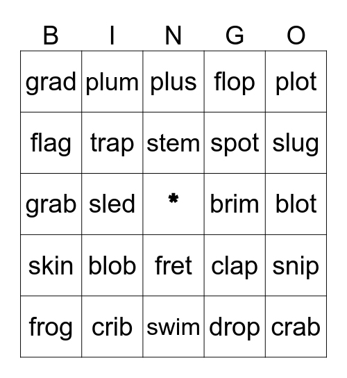 Beginning 2-Letter Blends Bingo Card