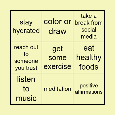 Never A Bother: Coping Skills Bingo Card