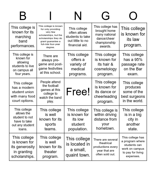 Academic, Financial, & Social Fit Colleges Bingo Card