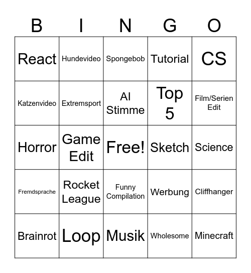 Shorts Bingo Card