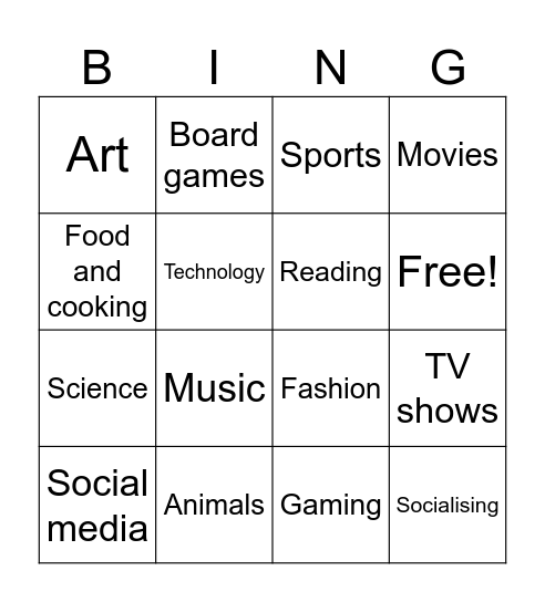 Interest bingo Card