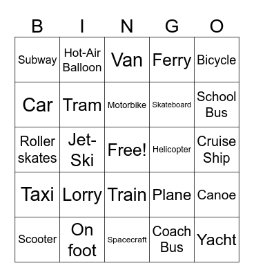 Travel and Transport Bingo Card