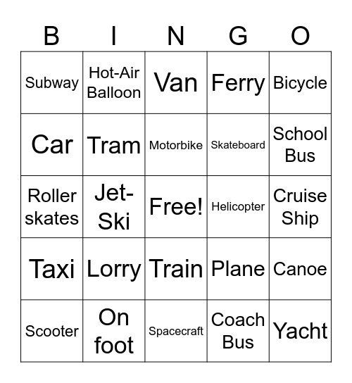 Travel and Transport Bingo Card