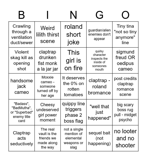 Borderlands Movie Bingo Card