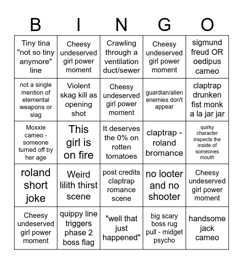 Borderlands Movie Bingo Card