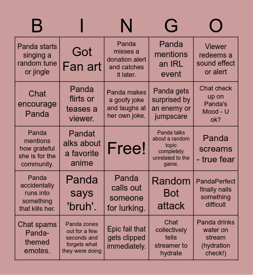 Panda's Stream Bingo Card