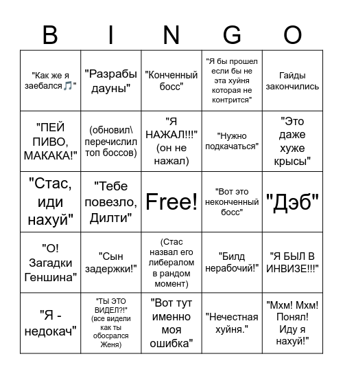 Женя Вуконг Bingo Card