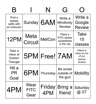 FITC FALL FITNESS CHALLENGE Bingo Card