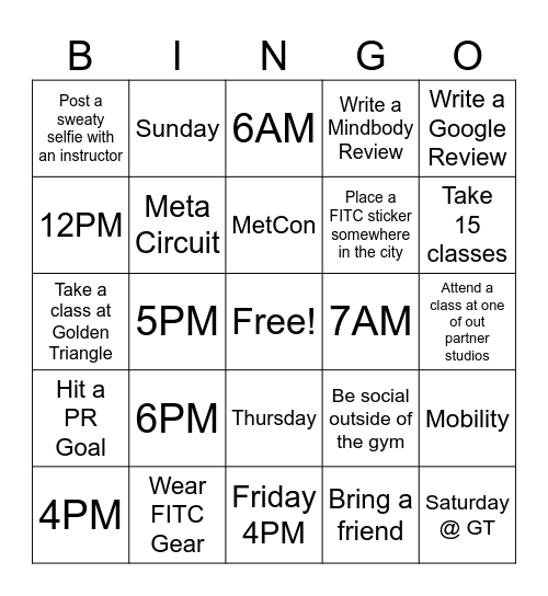 FITC FALL FITNESS CHALLENGE Bingo Card