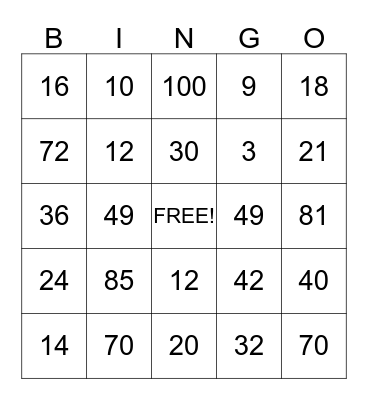 MULTIPLICATION BINGO Card