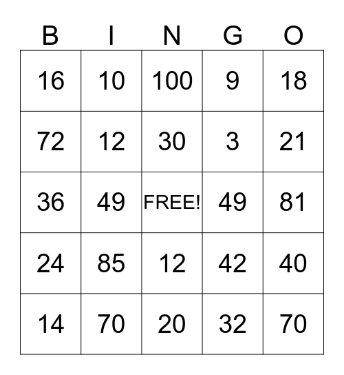 MULTIPLICATION BINGO Card