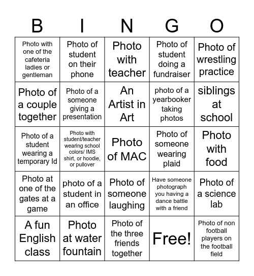 Yearbook Scavenger Hunt Bingo Card