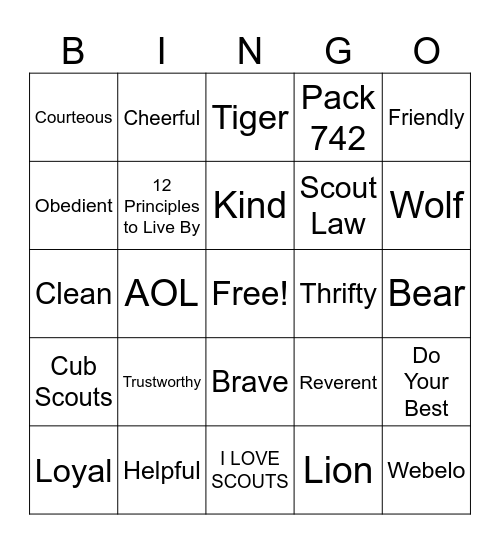 Scout Law Bingo Card